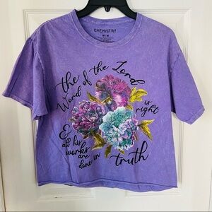 NWOT CHEMISTRY acid wash purple floral the word of the lord cropped top medium